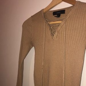 Forever 21 Tan Lace-up Long Sleeve Stretchy Top
